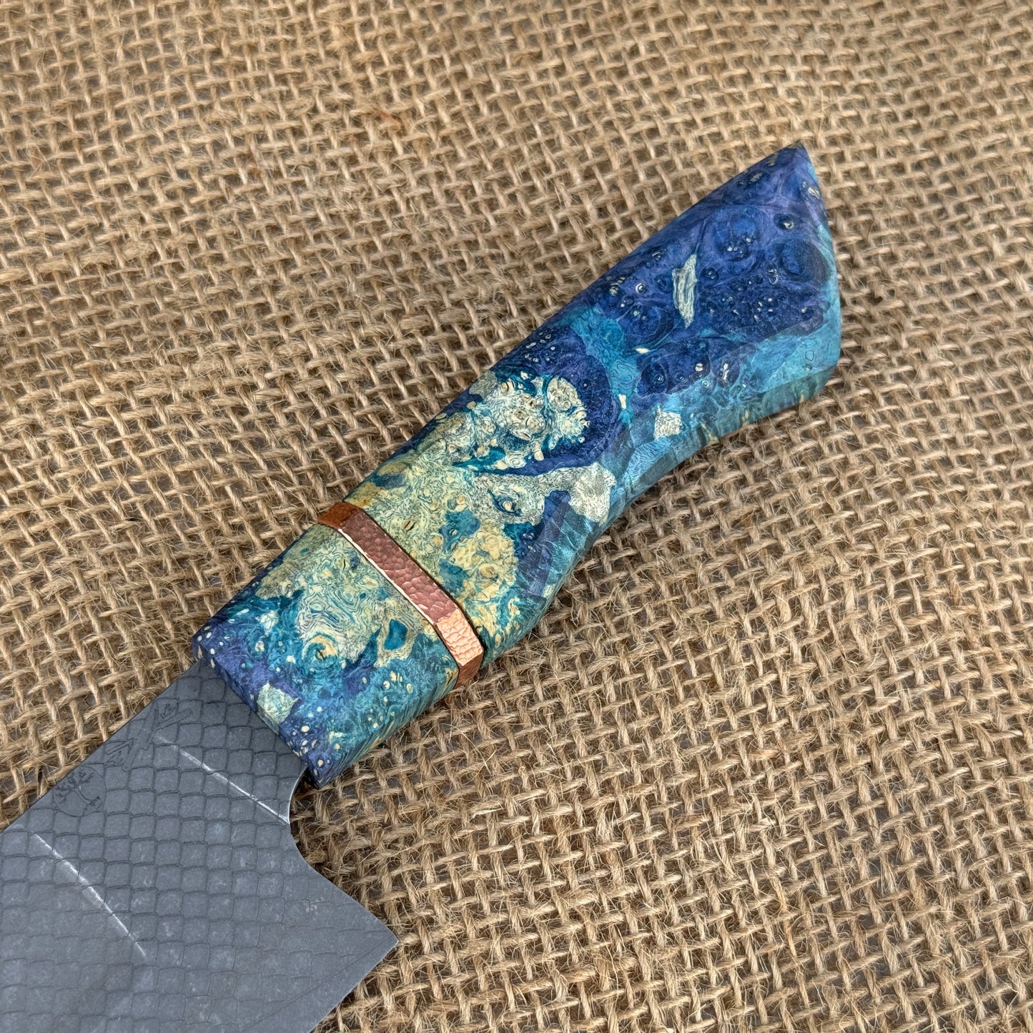Stainless San Mai Bunka in Blue Box Elder Burl
