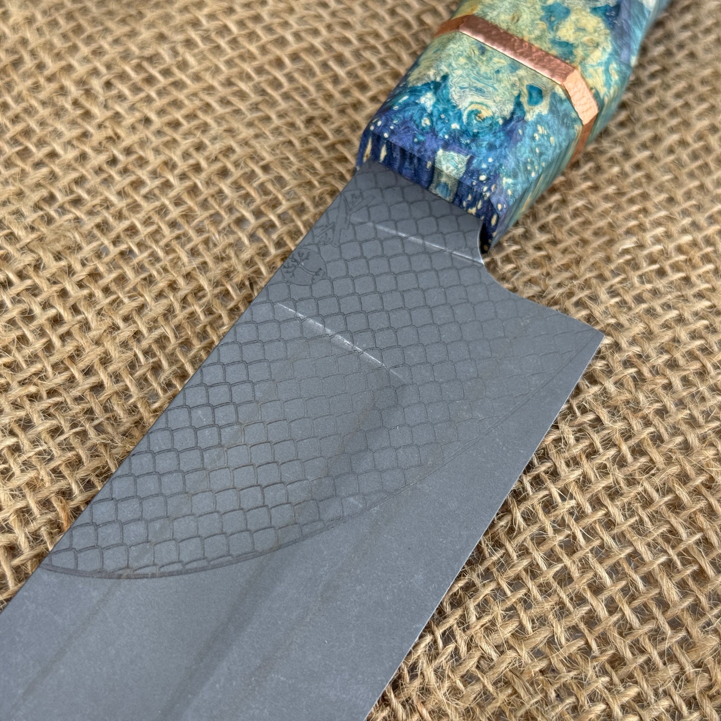 Stainless San Mai Bunka in Blue Box Elder Burl